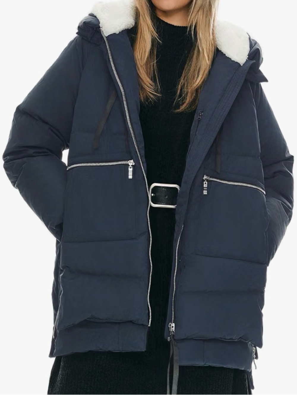 Orolay Navy Puffer Coat with Sherpa Hood